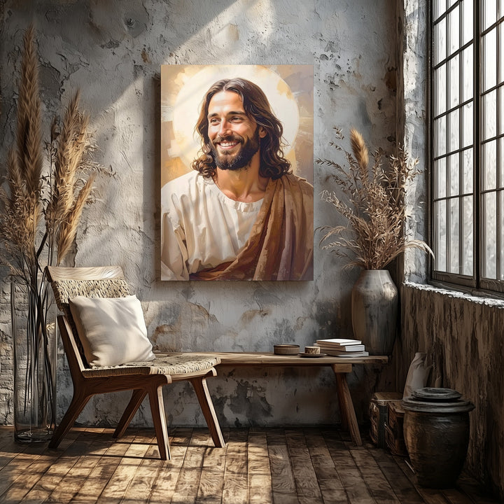 Joyful Jesus Smiling Canvas – Warm Christian Wall Art of Compassion and Divine Presence - Gifitto