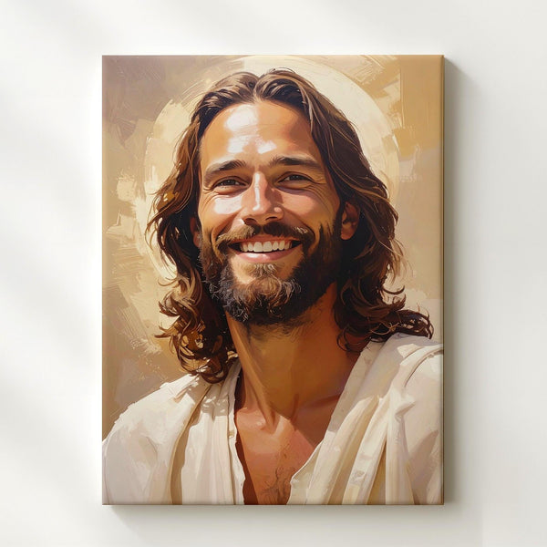 Joyful Jesus Smiling Canvas – Warm Christian Wall Art of Divine Love and Emotional Radiance - Gifitto