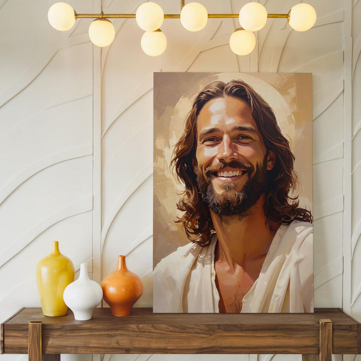 Joyful Jesus Smiling Canvas – Warm Christian Wall Art of Divine Love and Emotional Radiance - Gifitto