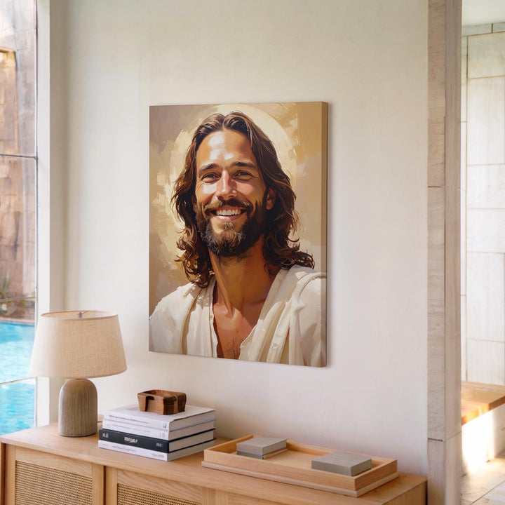 Joyful Jesus Smiling Canvas – Warm Christian Wall Art of Divine Love and Emotional Radiance - Gifitto