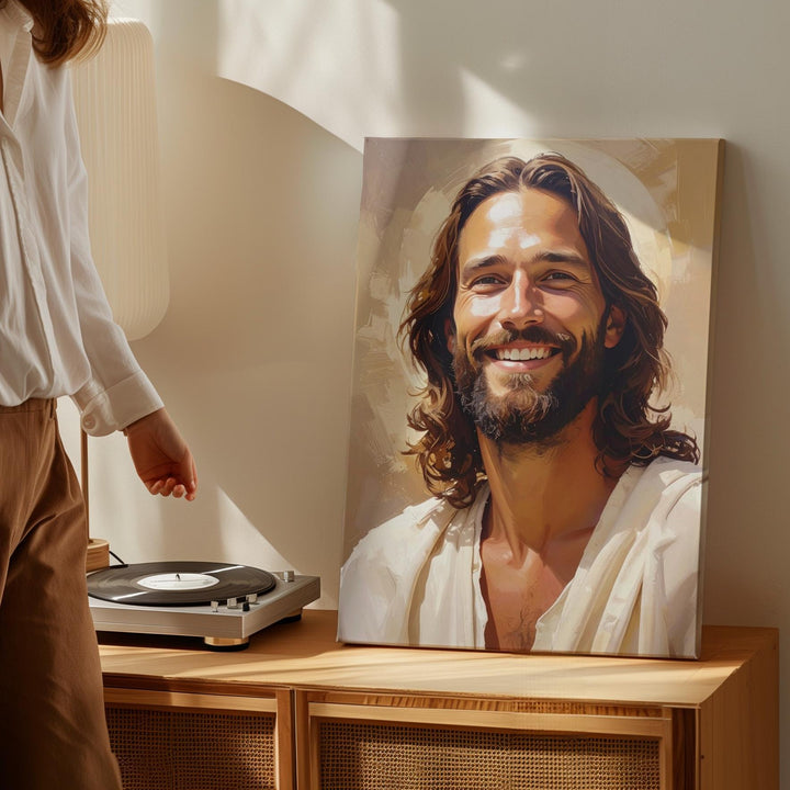 Joyful Jesus Smiling Canvas – Warm Christian Wall Art of Divine Love and Emotional Radiance - Gifitto