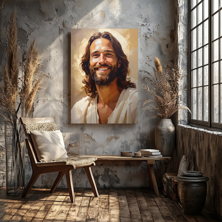 Joyful Jesus Smiling Canvas – Warm Christian Wall Art of Divine Love and Emotional Radiance - Gifitto