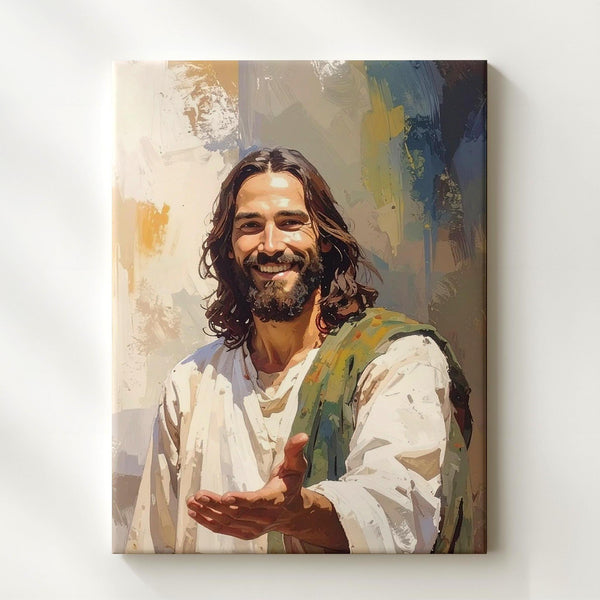 Warm Smiling Jesus with Extended Hand Canvas – Inviting Christian Wall Art of Compassion and Spiritual Connection - Gifitto