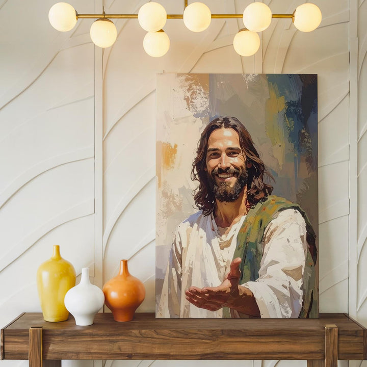 Warm Smiling Jesus with Extended Hand Canvas – Inviting Christian Wall Art of Compassion and Spiritual Connection - Gifitto