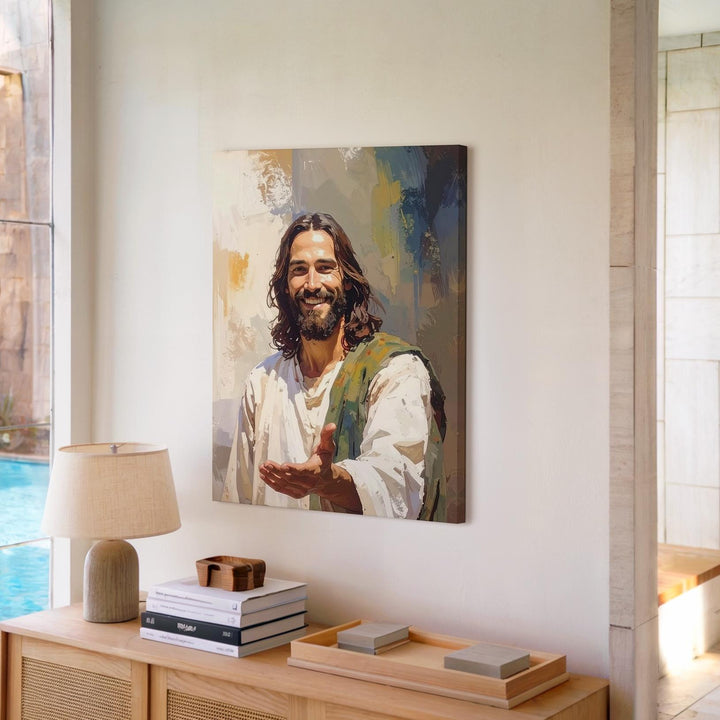 Warm Smiling Jesus with Extended Hand Canvas – Inviting Christian Wall Art of Compassion and Spiritual Connection - Gifitto