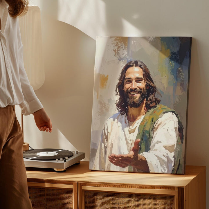 Warm Smiling Jesus with Extended Hand Canvas – Inviting Christian Wall Art of Compassion and Spiritual Connection - Gifitto