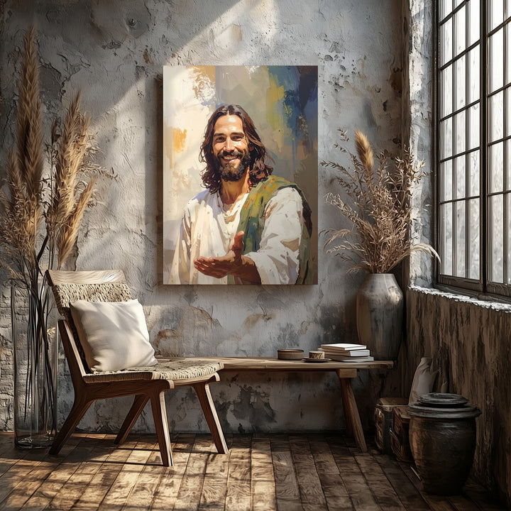 Warm Smiling Jesus with Extended Hand Canvas – Inviting Christian Wall Art of Compassion and Spiritual Connection - Gifitto