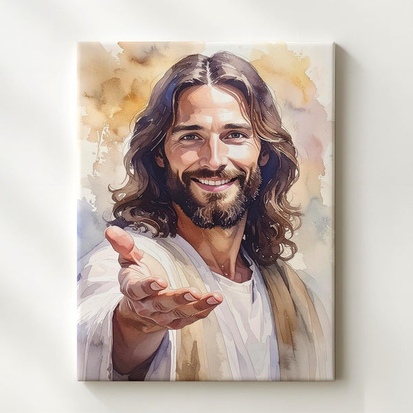 Warm Smiling Jesus Canvas – Minimalist Christian Wall Art of Divine Compassion and Joy - Gifitto