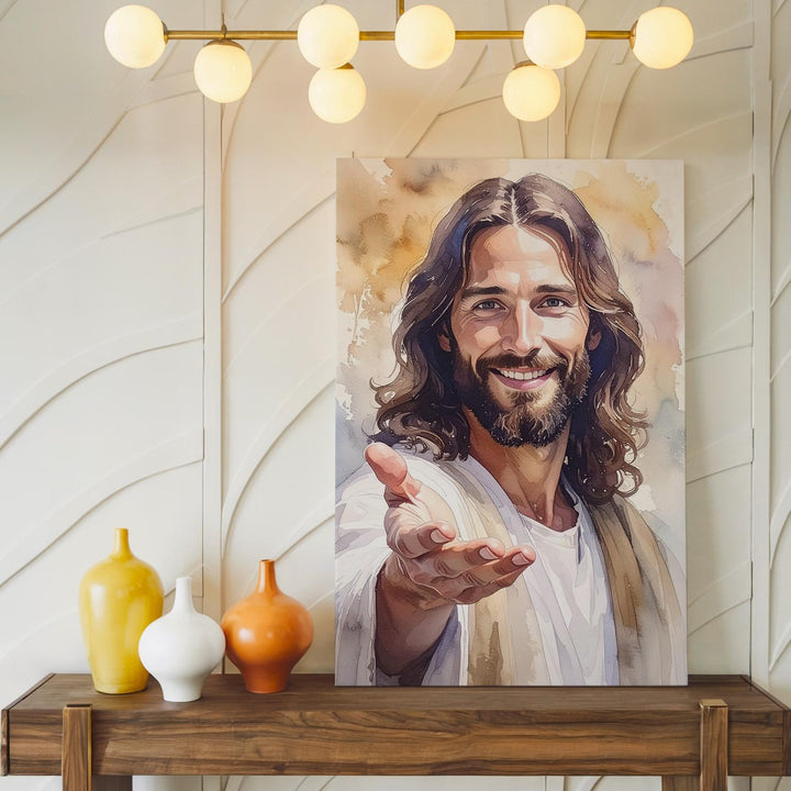 Warm Smiling Jesus Canvas – Minimalist Christian Wall Art of Divine Compassion and Joy - Gifitto