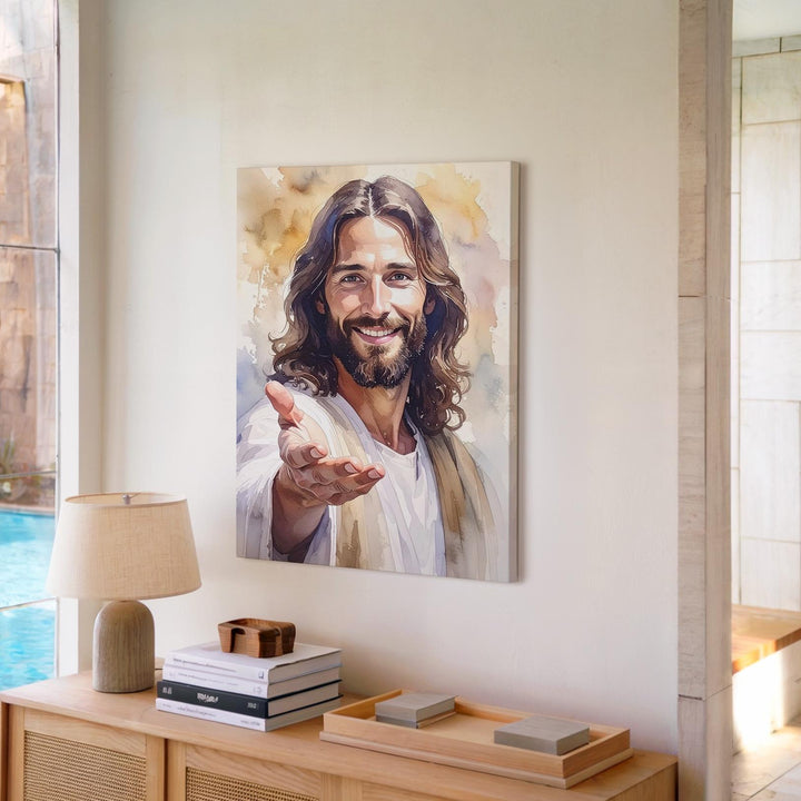 Warm Smiling Jesus Canvas – Minimalist Christian Wall Art of Divine Compassion and Joy - Gifitto
