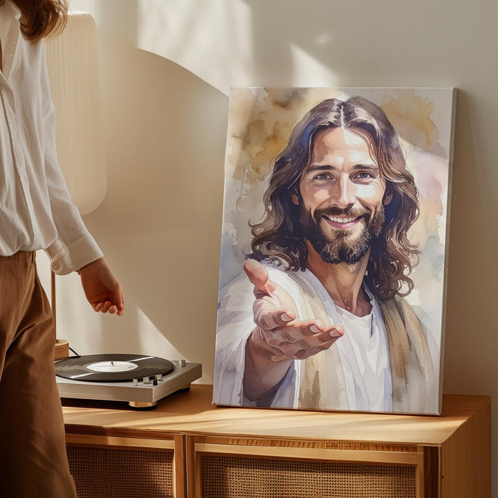Warm Smiling Jesus Canvas – Minimalist Christian Wall Art of Divine Compassion and Joy - Gifitto