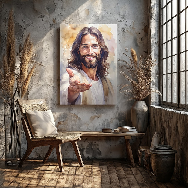Warm Smiling Jesus Canvas – Minimalist Christian Wall Art of Divine Compassion and Joy - Gifitto