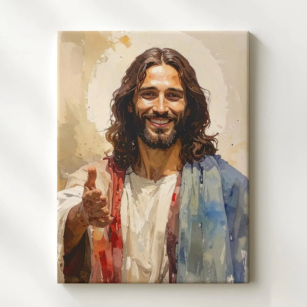 Smiling Jesus Canvas Wall Art – Contemporary Christian Portrait of Divine Warmth and Welcome - Gifitto
