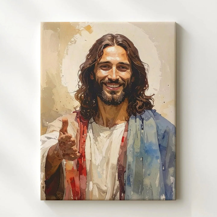 Smiling Jesus Canvas Wall Art – Contemporary Christian Portrait of Divine Warmth and Welcome - Gifitto