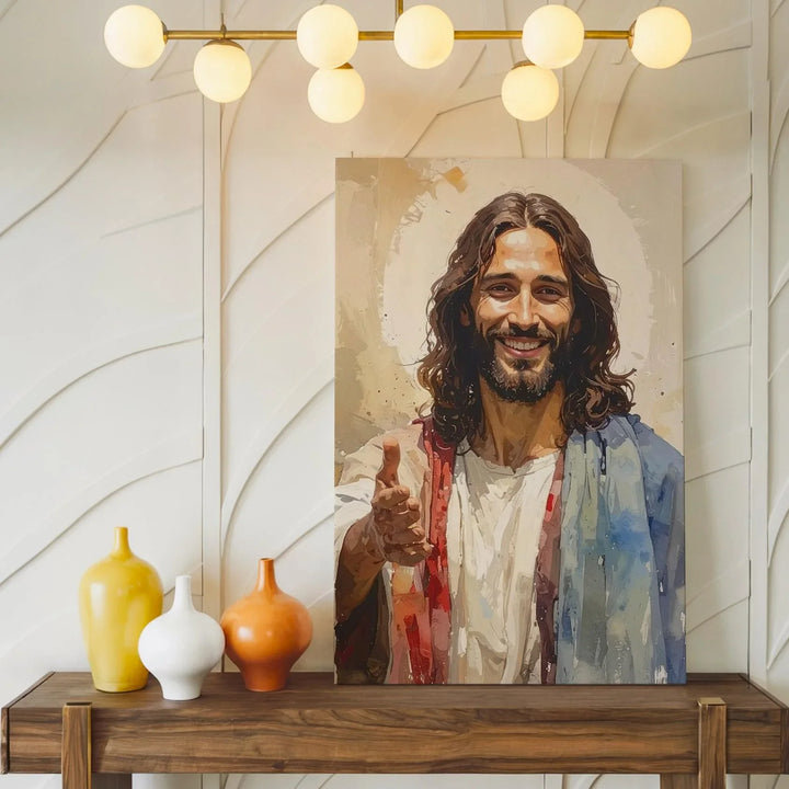 Smiling Jesus Canvas Wall Art – Contemporary Christian Portrait of Divine Warmth and Welcome - Gifitto