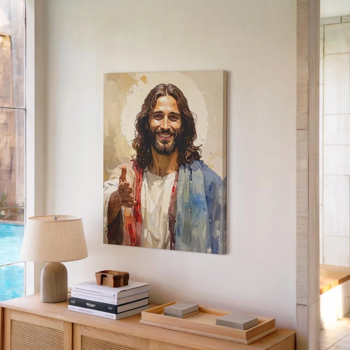 Smiling Jesus Canvas Wall Art – Contemporary Christian Portrait of Divine Warmth and Welcome - Gifitto