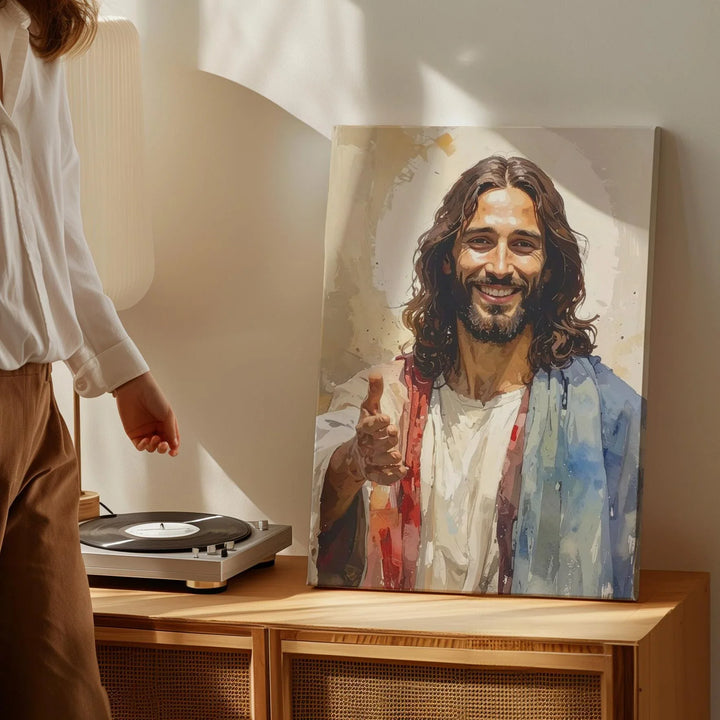 Smiling Jesus Canvas Wall Art – Contemporary Christian Portrait of Divine Warmth and Welcome - Gifitto