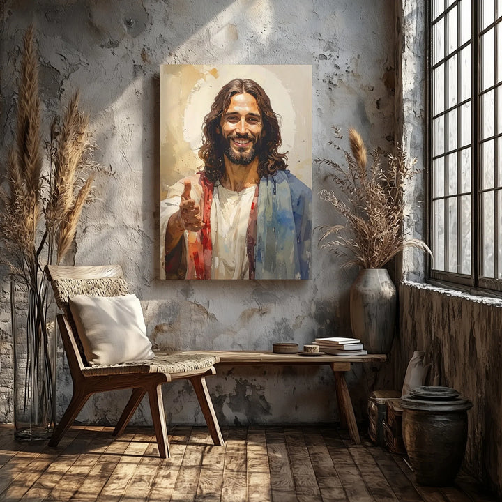 Smiling Jesus Canvas Wall Art – Contemporary Christian Portrait of Divine Warmth and Welcome - Gifitto