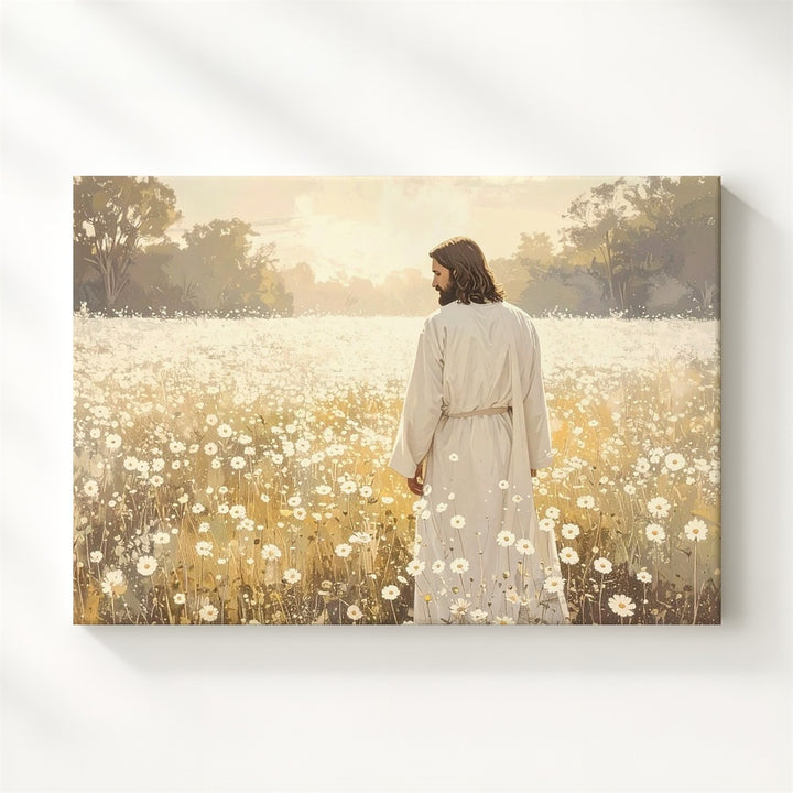 Field of Grace Canvas – Jesus in White Among Blooming Flowers - Gifitto