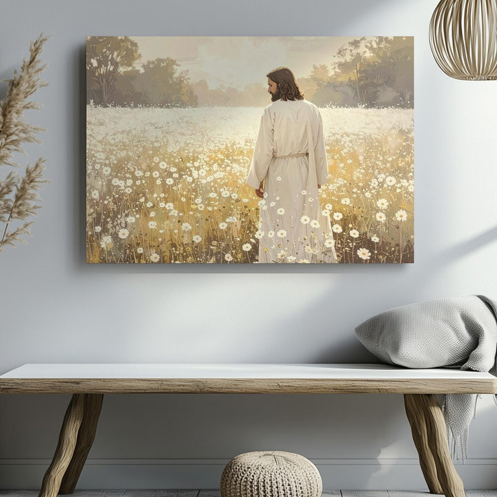 Field of Grace Canvas – Jesus in White Among Blooming Flowers - Gifitto