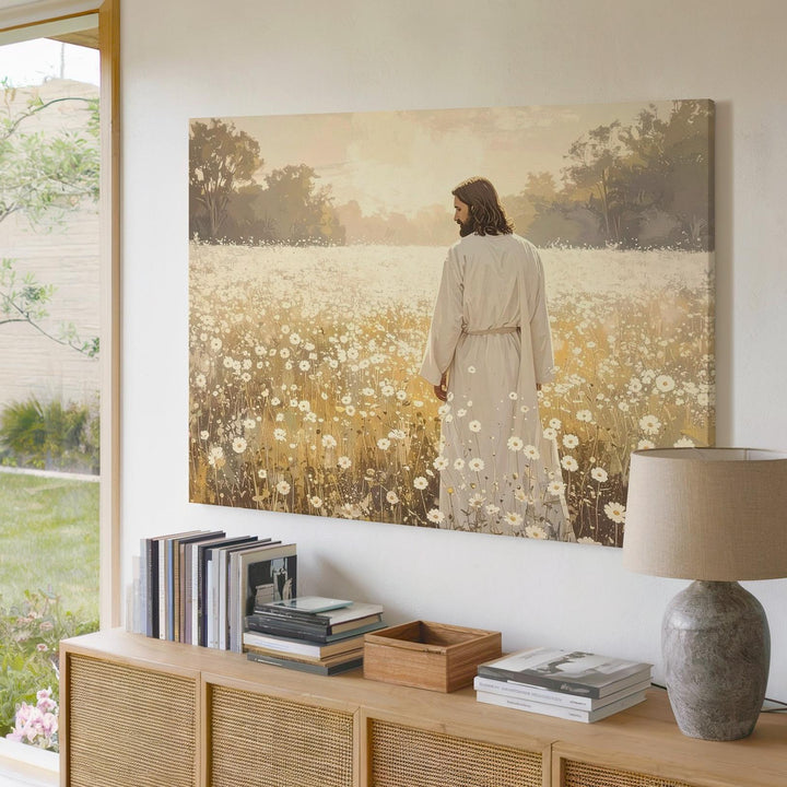 Field of Grace Canvas – Jesus in White Among Blooming Flowers - Gifitto