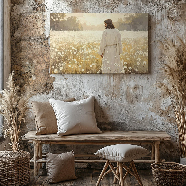 Field of Grace Canvas – Jesus in White Among Blooming Flowers - Gifitto