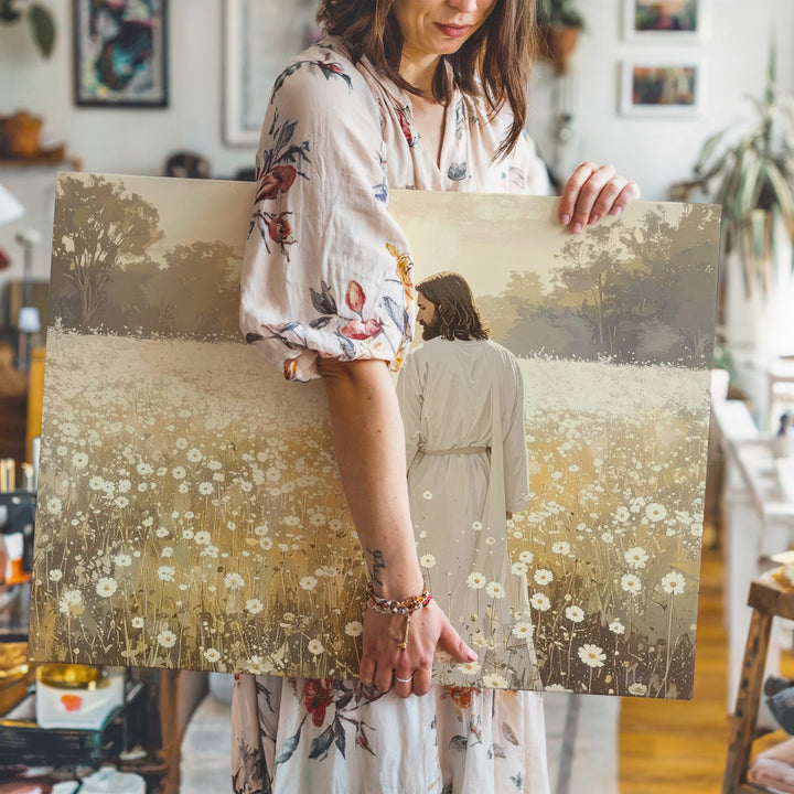 Field of Grace Canvas – Jesus in White Among Blooming Flowers - Gifitto