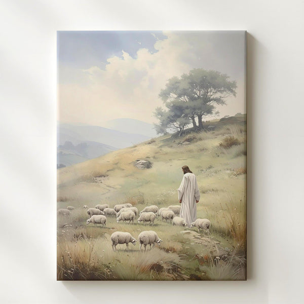 Jesus Watching Over Sheep Canvas – Minimalist Christian Wall Art of Divine Guidance and Peace - Gifitto