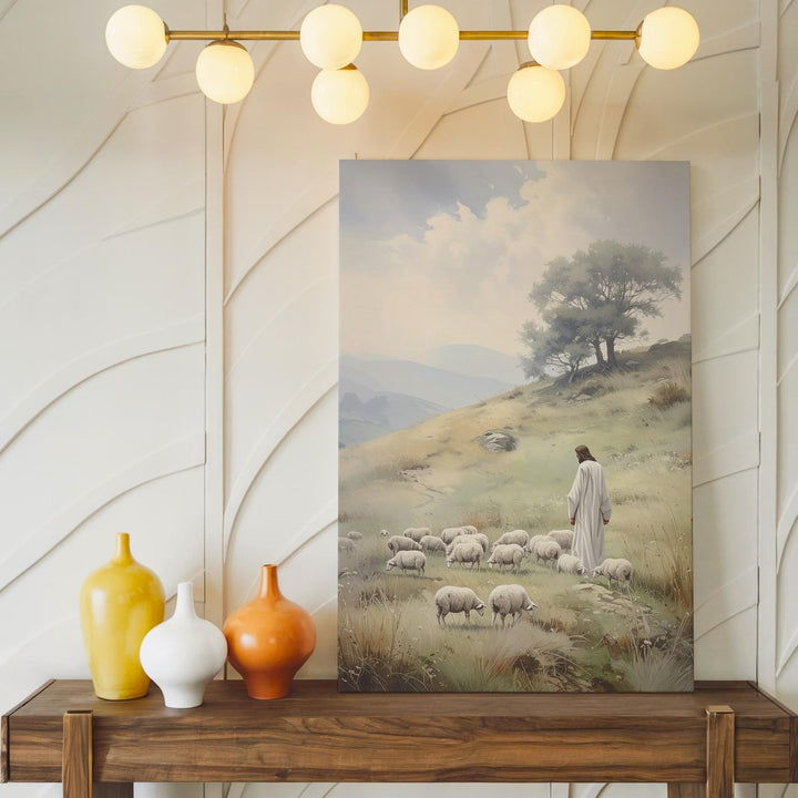 Jesus Watching Over Sheep Canvas – Minimalist Christian Wall Art of Divine Guidance and Peace - Gifitto