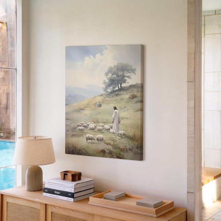 Jesus Watching Over Sheep Canvas – Minimalist Christian Wall Art of Divine Guidance and Peace - Gifitto