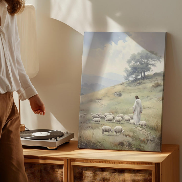 Jesus Watching Over Sheep Canvas – Minimalist Christian Wall Art of Divine Guidance and Peace - Gifitto