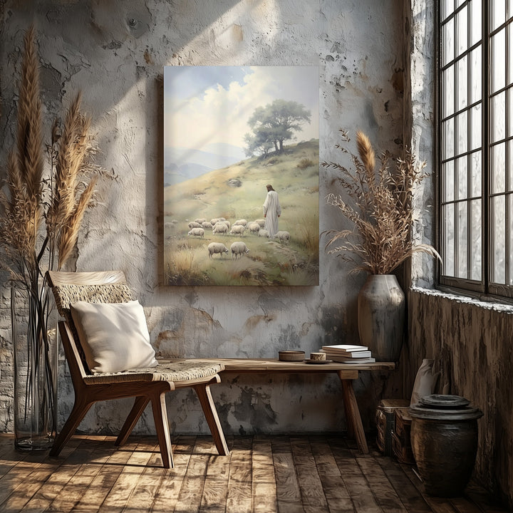 Jesus Watching Over Sheep Canvas – Minimalist Christian Wall Art of Divine Guidance and Peace - Gifitto