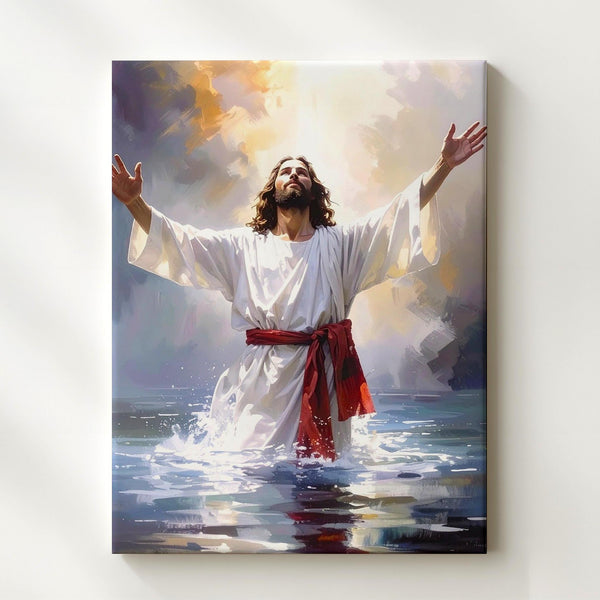 Jesus in Reflective Water Canvas – Serene Christian Wall Art of Baptism and Divine Renewal - Gifitto