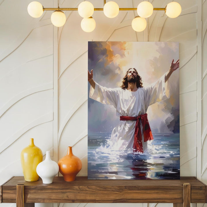Jesus in Reflective Water Canvas – Serene Christian Wall Art of Baptism and Divine Renewal - Gifitto