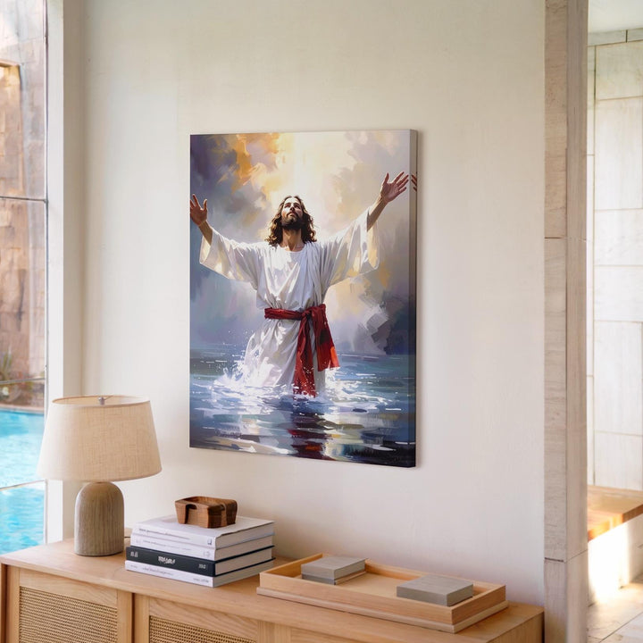 Jesus in Reflective Water Canvas – Serene Christian Wall Art of Baptism and Divine Renewal - Gifitto