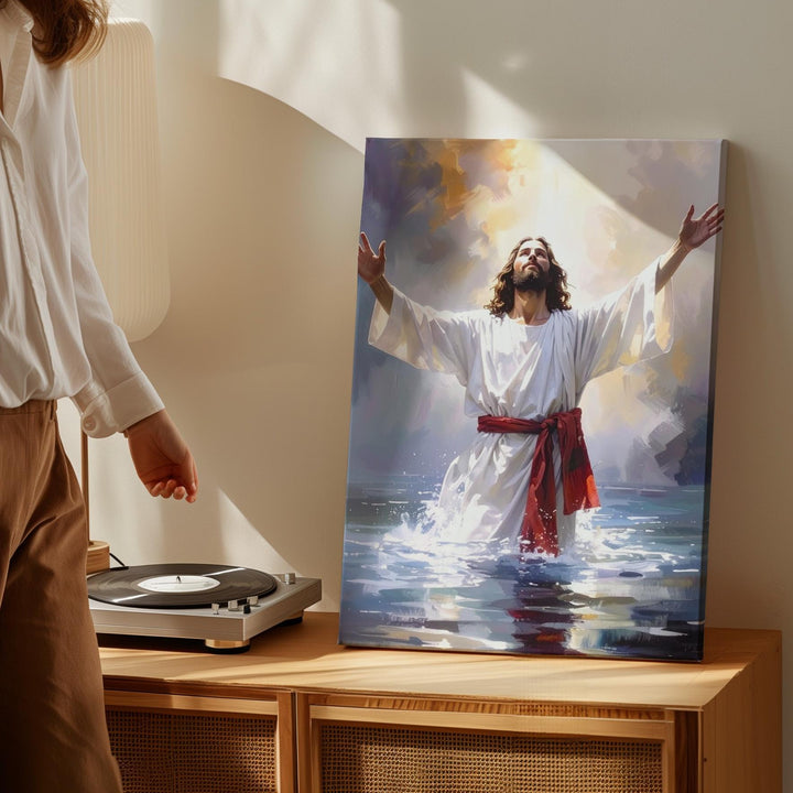 Jesus in Reflective Water Canvas – Serene Christian Wall Art of Baptism and Divine Renewal - Gifitto