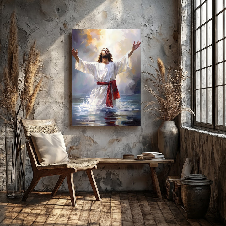 Jesus in Reflective Water Canvas – Serene Christian Wall Art of Baptism and Divine Renewal - Gifitto