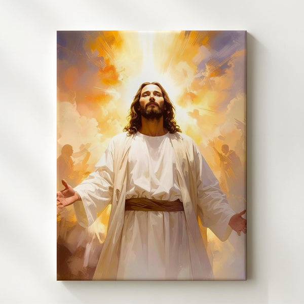 Jesus with Arms Open Canvas – Radiant Christian Wall Art of Resurrection and Divine Transcendence - Gifitto