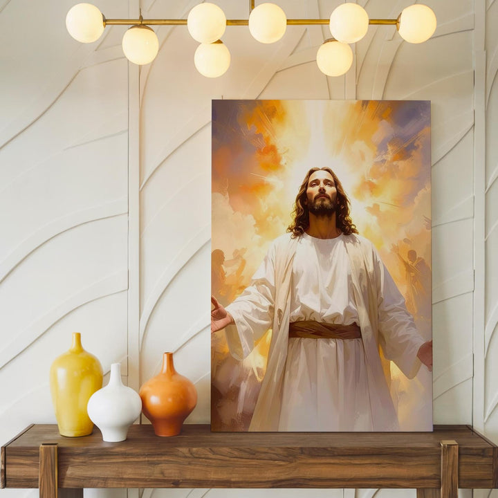 Jesus with Arms Open Canvas – Radiant Christian Wall Art of Resurrection and Divine Transcendence - Gifitto