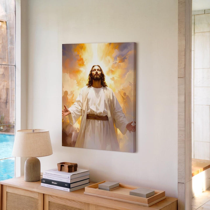 Jesus with Arms Open Canvas – Radiant Christian Wall Art of Resurrection and Divine Transcendence - Gifitto