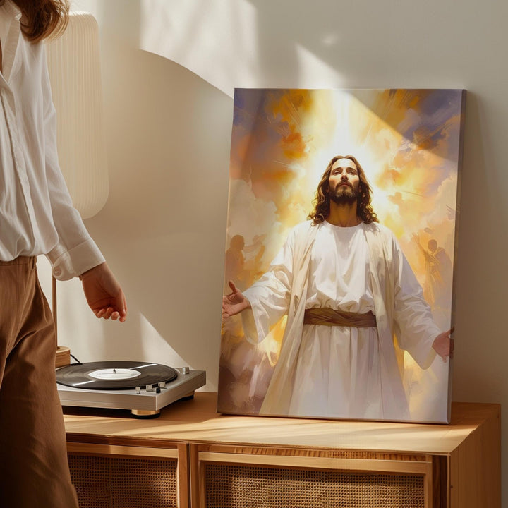 Jesus with Arms Open Canvas – Radiant Christian Wall Art of Resurrection and Divine Transcendence - Gifitto