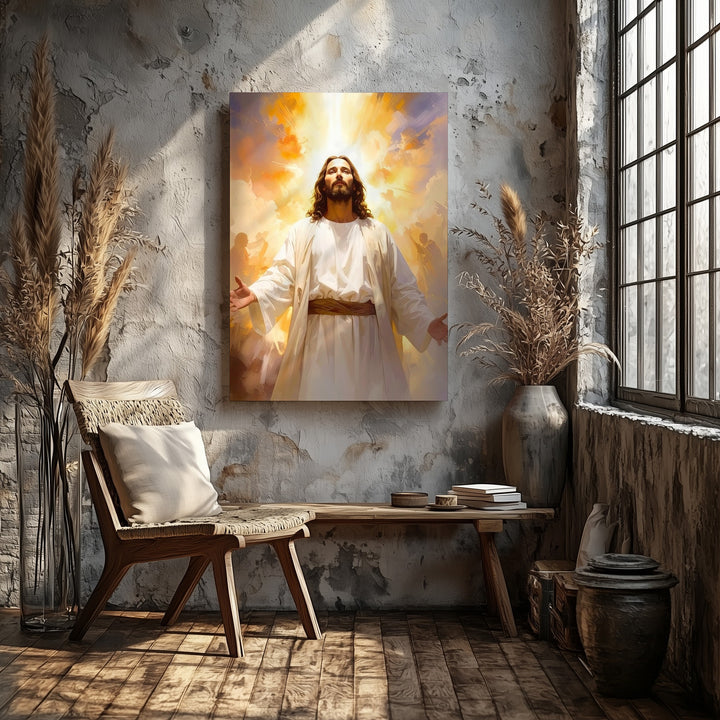 Jesus with Arms Open Canvas – Radiant Christian Wall Art of Resurrection and Divine Transcendence - Gifitto