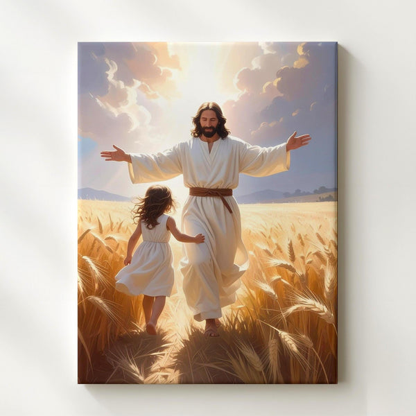 Jesus Welcoming Girl in Wheat Field Canvas – Joyful Christian Wall Art of Divine Embrace and Spiritual Reunion - Gifitto