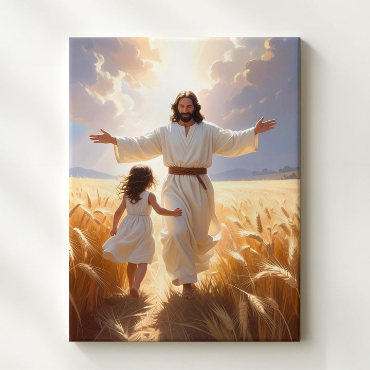 Jesus Welcoming Girl in Wheat Field Canvas – Joyful Christian Wall Art of Divine Embrace and Spiritual Reunion - Gifitto