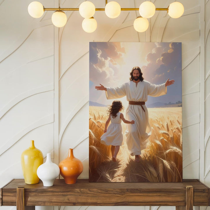 Jesus Welcoming Girl in Wheat Field Canvas – Joyful Christian Wall Art of Divine Embrace and Spiritual Reunion - Gifitto