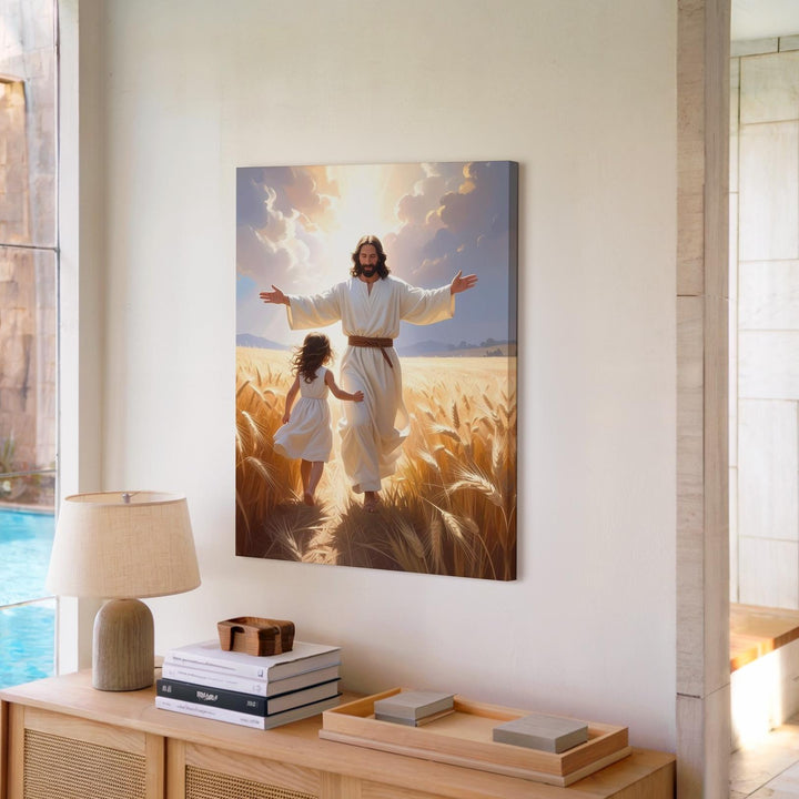 Jesus Welcoming Girl in Wheat Field Canvas – Joyful Christian Wall Art of Divine Embrace and Spiritual Reunion - Gifitto