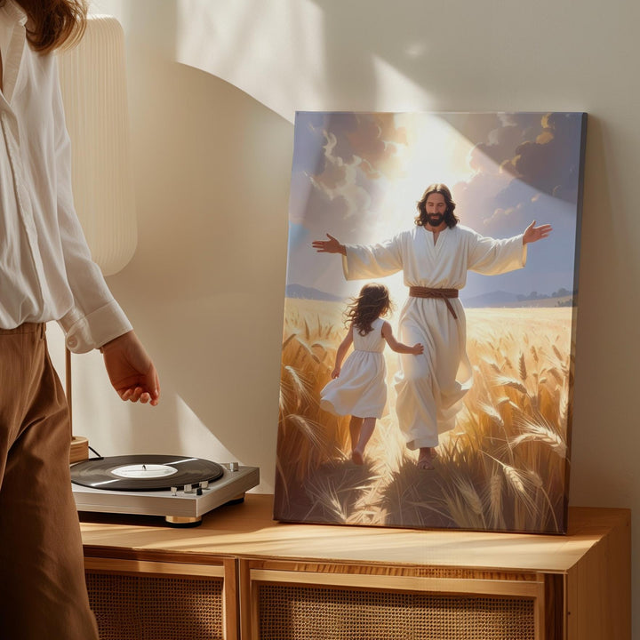 Jesus Welcoming Girl in Wheat Field Canvas – Joyful Christian Wall Art of Divine Embrace and Spiritual Reunion - Gifitto