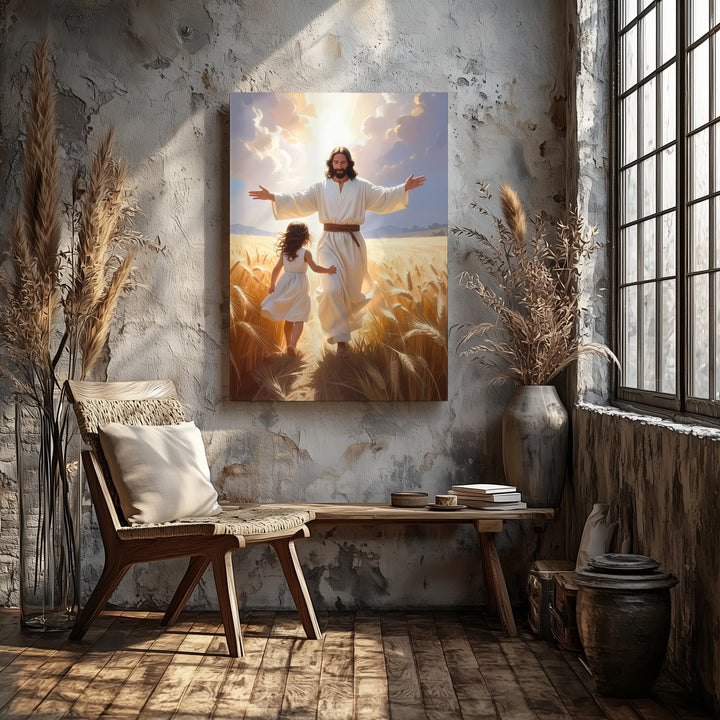 Jesus Welcoming Girl in Wheat Field Canvas – Joyful Christian Wall Art of Divine Embrace and Spiritual Reunion - Gifitto