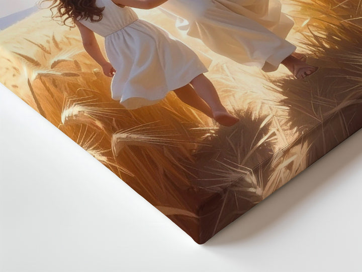 Jesus Welcoming Girl in Wheat Field Canvas – Joyful Christian Wall Art of Divine Embrace and Spiritual Reunion - Gifitto