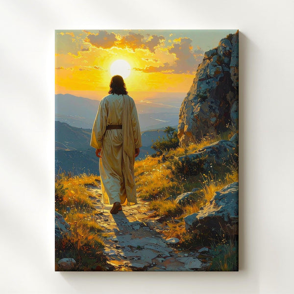 Jesus Walking Along Rocky Path Canvas – Serene Christian Wall Art of Pilgrimage and Divine Purpose - Gifitto